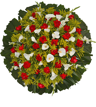 Coroa de flores com flores nobres e uma faixa de homenagem grátis ao centro em diversos tamanhos.